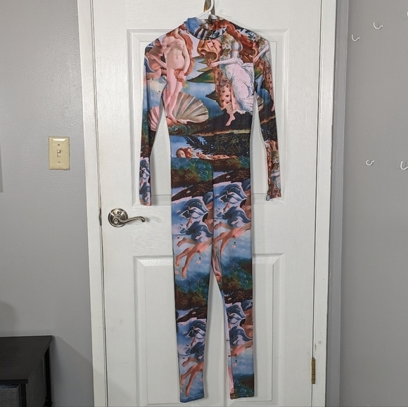 Renaissance Jumpsuit Cherub Print Mock Neck Long Sleeve Body‎ Art Style Size S - Picture 1 of 9